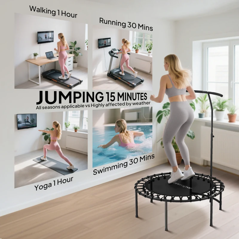 Soozier 40" Foldable Rebounder Trampoline ,Mini Trampoline Indoor with Adjustable Handle, Quiet and Safe Bungee Rebounder,Black