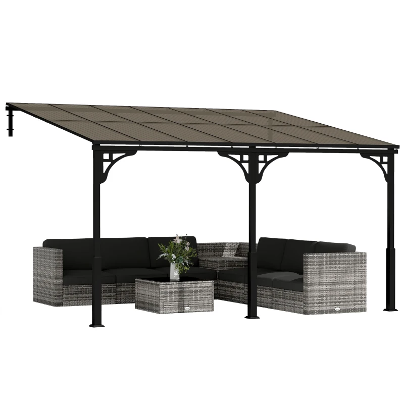 Outsunny 13' x 10' Lean to Gazebo, Hardtop Wall Mounted Outdoor Pergola with Polycarbonate Roof and Metal-Aluminium Frame