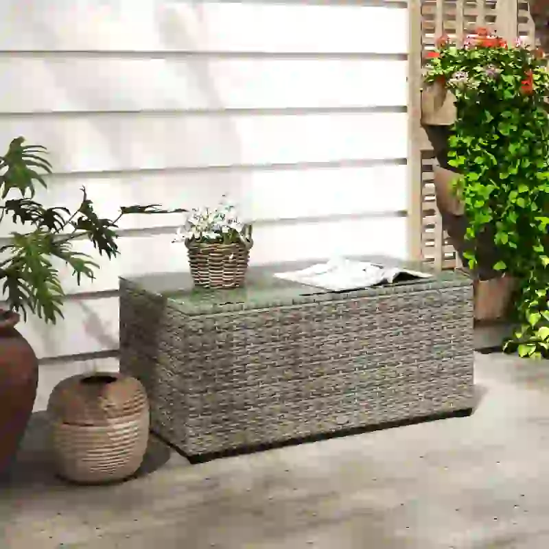 Outsunny Wicker Outdoor Coffee Table, PE Wicker Rectangular Patio Table with Tempered Glass Top for Garden, Balcony, Dark Grey