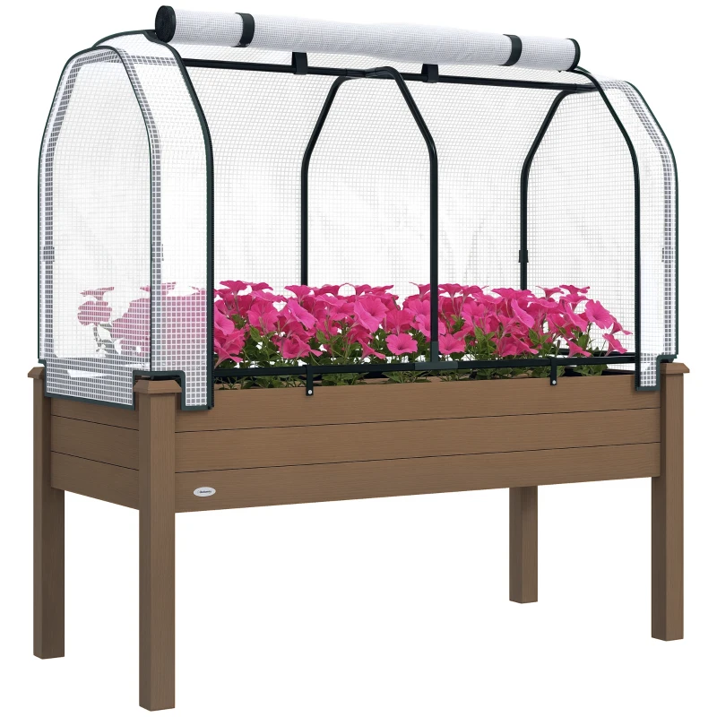 Outsunny Raised Garden Bed with PE Greenhouse Cover Outdoor Elevated Wood Planter Box for Herbs and Vegetables Brown