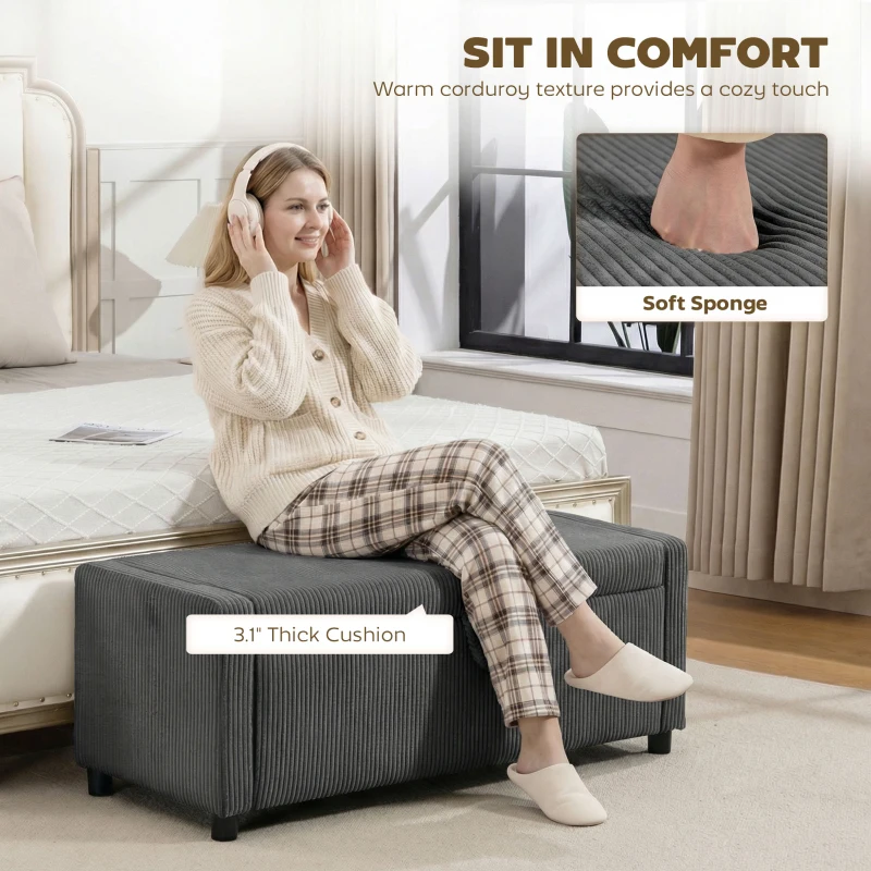 HOMCOM Storage Ottoman, Upholstered Corduroy End of Bed Bench with Thick Padding, Storage Bench for Bedroom, Dark Grey