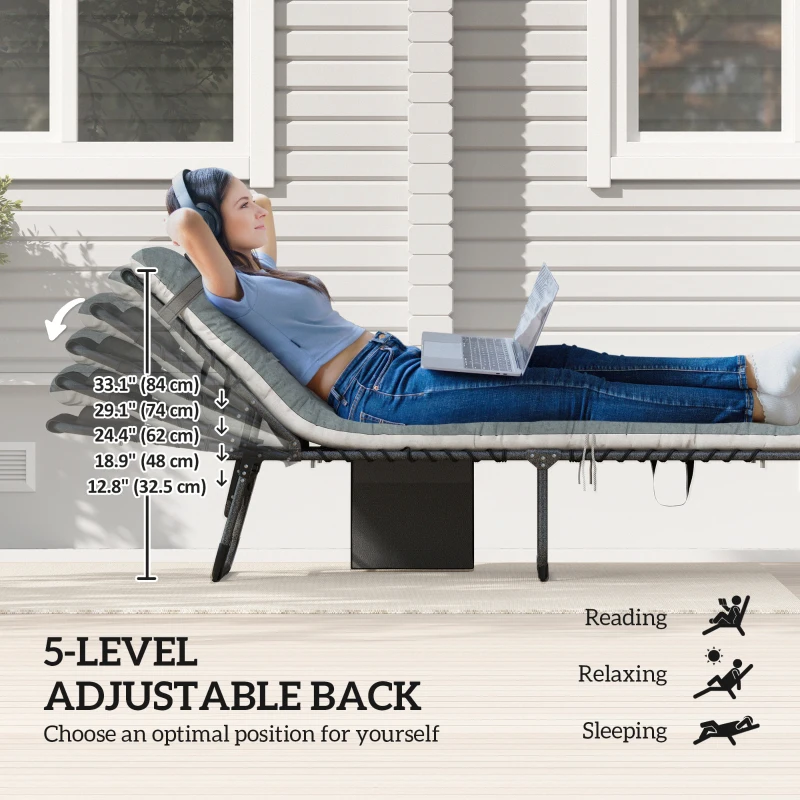 Outsunny Outdoor Lounge Chair Set of 2, Folding Chaise Lounge Tanning Chair with Cushion, Side Pocket, Grey