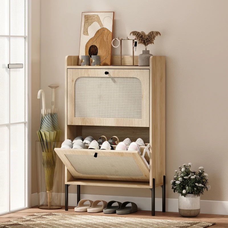 HOMCOM Shoe Cabinet with 2 Flip Drawers, Boho Narrow Shoe Storage Cabinet, Oak