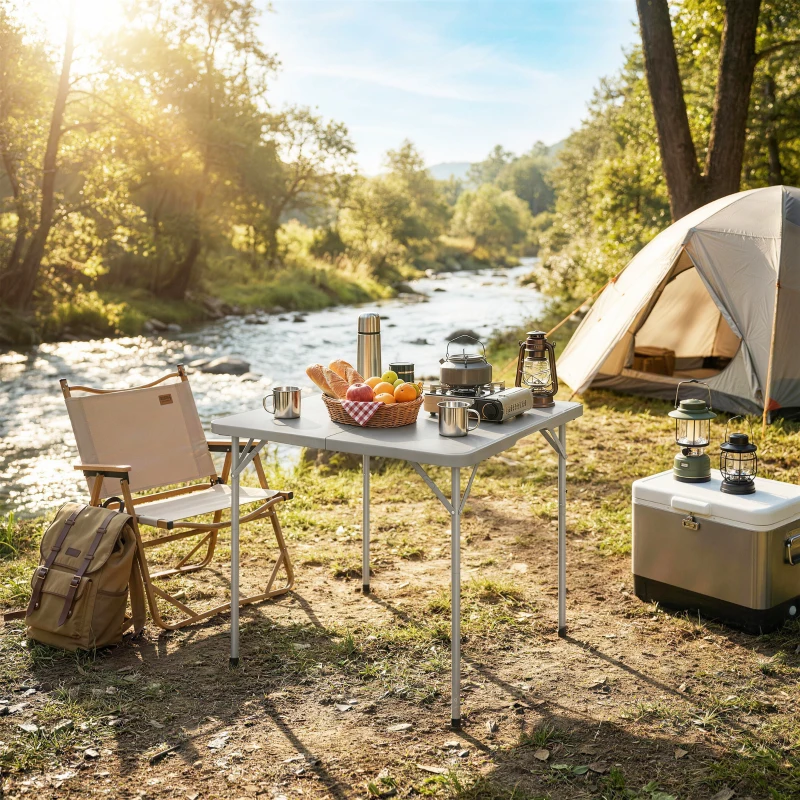 Outsunny Folding Picnic Table Heavy Duty Camping Table 34" x 34", Indoor Outdoor Use for Picnic, Beach, BBQ, Grey
