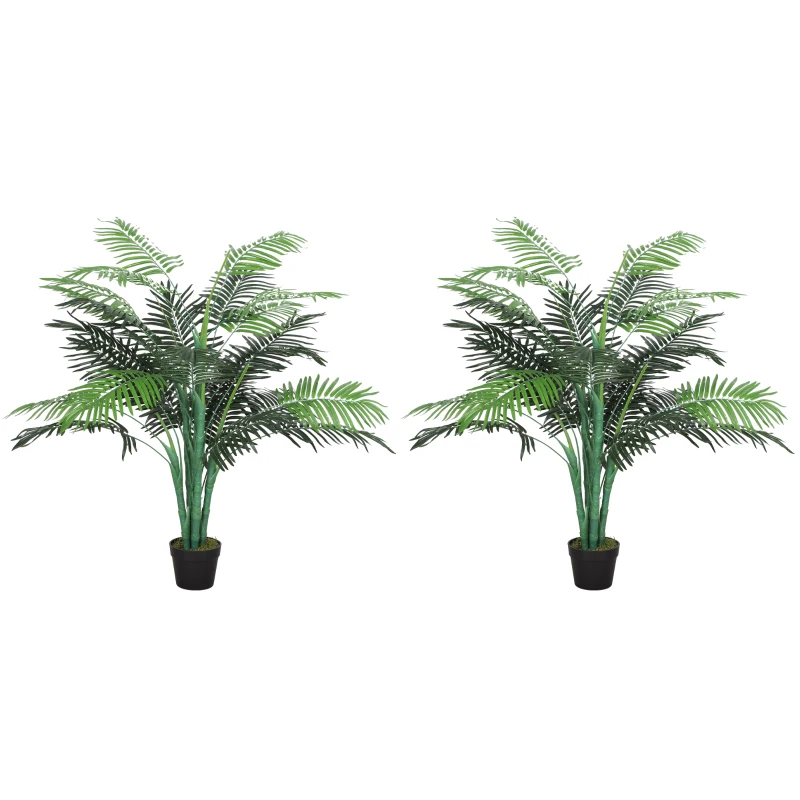 Outsunny 4FT Artificial Palm Tree Set of 2, Fake Tropical Tree with Lifelike Leaves, Faux Plant in Pot for Indoor Decoration, Green
