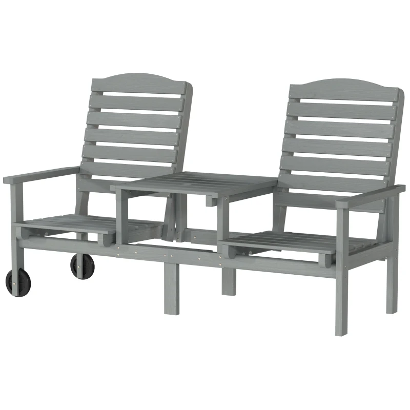 Outsunny Outdoor Bench with Wheels and 3-Position Adjustable High Back, 2 Seater Outdoor Loveseat with Umbrella Hole, Grey
