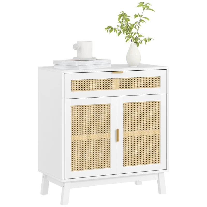 HOMCOM Boho Sideboard Storage Cabinet with Rattan Doors, White