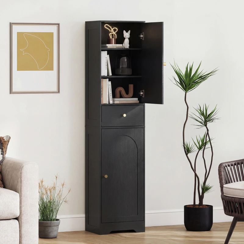 HOMCOM 67" Tall Bathroom Cabinet, Slim Bathroom Storage Cabinet with 2 Doors, Drawer and Adjustable Shelf, Black Wood Grain