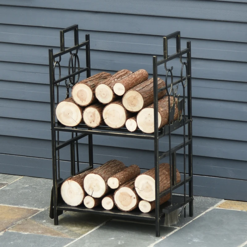 Outsunny 20.25" x 13" x 30.25" 2-Layer Heavy Duty Firewood Rack Wood Log Fireplace Stacker  w/ 4 Tools, Black and Gold