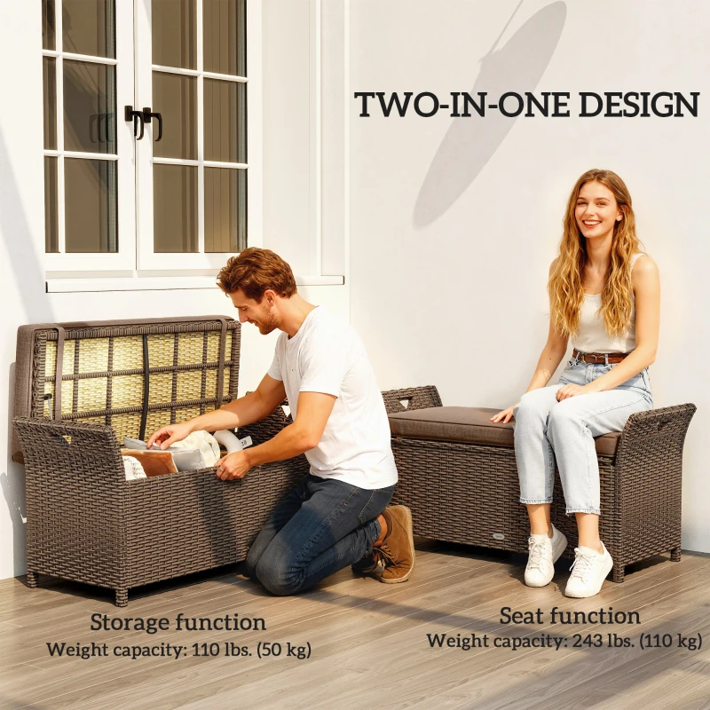 Outsunny 2-In-1 Outdoor Storage Bench, 29 Gallon Wicker Deck Box with Handles and Cushion, Tan