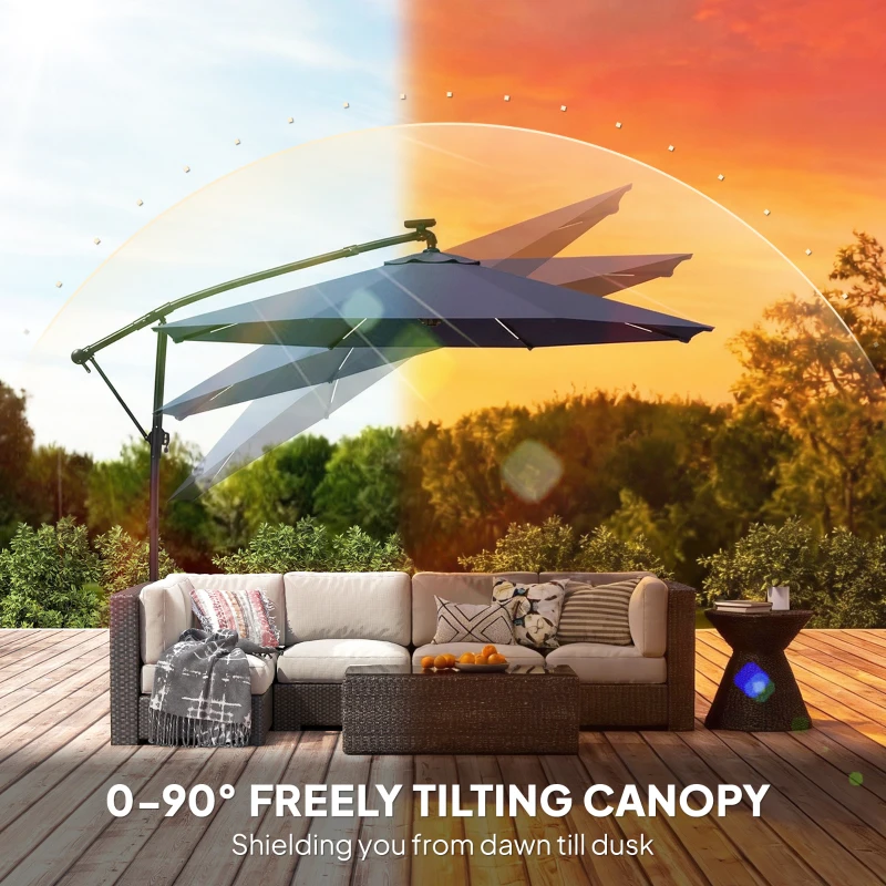 Outsunny 10 ft Offset Patio Umbrella with Solar Light, Garden Hanging Parasol with 360° Rotation, Tilt, Cover, Navy Blue