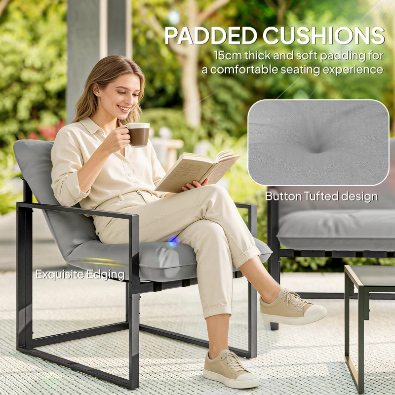 Outsunny 4 Piece Outdoor Furniture Set, Patio Conversation Set with Tempered Glass Table, Loveseat, Chairs, Cushions, Light Grey