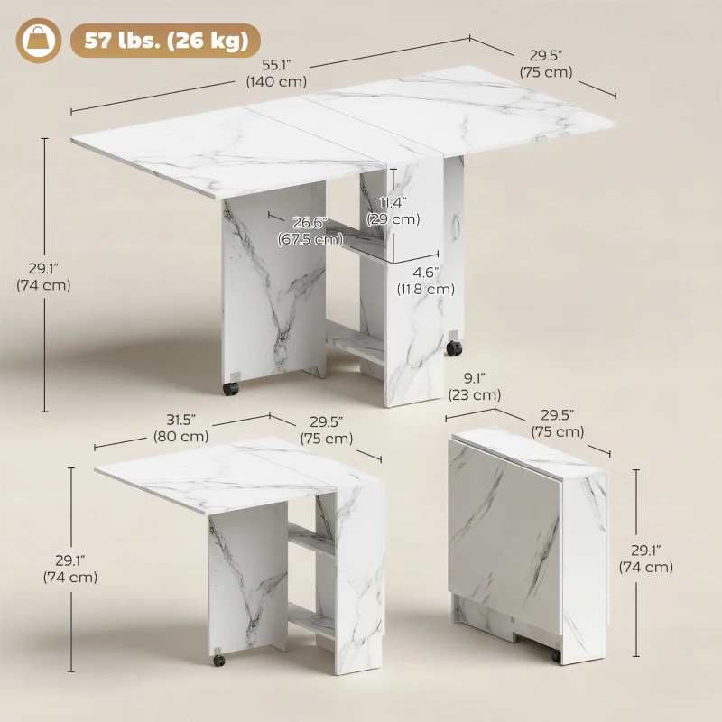 HOMCOM Extendable Dining Table, Collapsible Folding Table with 2-tier Shelves and Rolling Casters, Marble White