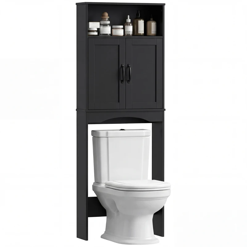 HOMCOM Over the Toilet Storage Cabinet Freestanding Bathroom Organizer with 2 Doors and Open Shelf Black