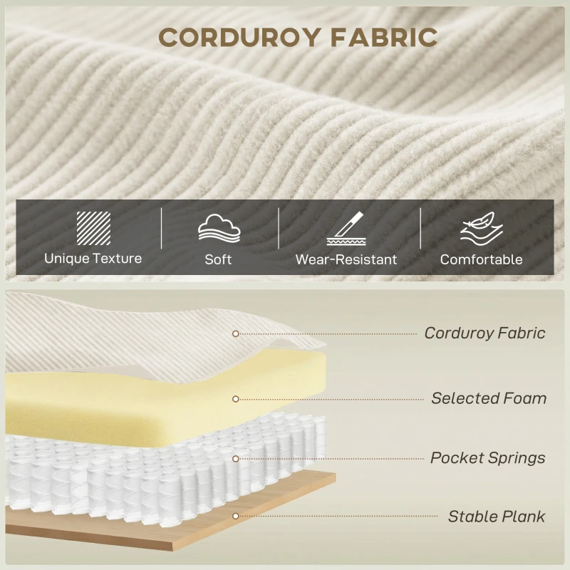 HOMCOM 86" 3 Seater Sofa, Modern Corduroy Upholstered Couch, Beige