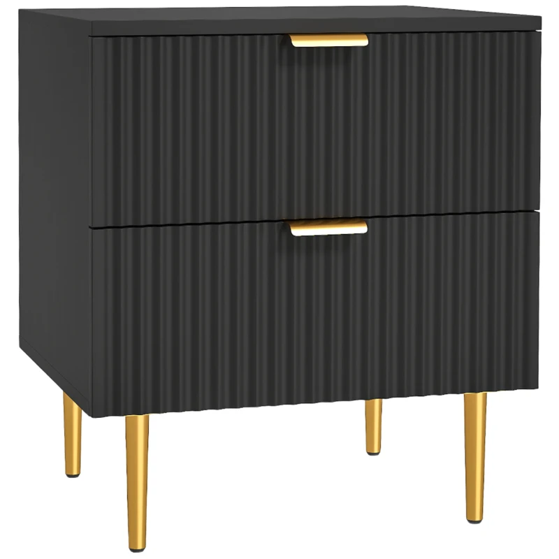 HOMCOM Bedside Table, Modern Nightstand with 2 Drawers, Side End Table with Metal Legs for Living Room, Bedroom, Black