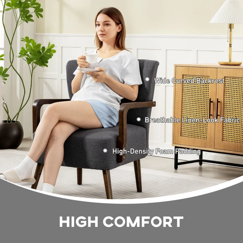 HOMCOM Accent Chair with Wooden Legs, Linen Fabric Armchair with Thick Padding, Comfy Chair for Living Room, Dark Grey