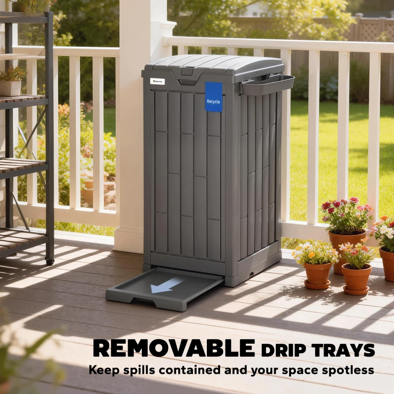 Outsunny 29 Gallon Outdoor Garbage Bin with Dual Lid, Plastic Outdoor Waste Trash Can with Side Holder and Drip Tray, Grey
