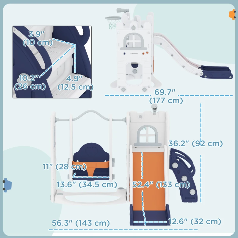 Qaba 6-in-1 Slide and Swing Set Baby Swing Playset Indoor with Basketball Hoop, Climber, Storage Space, Telescope, Orange