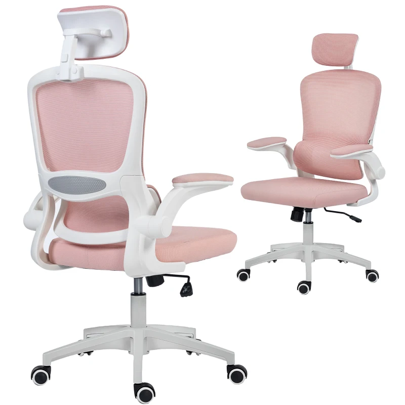 HOMCOM Ergonomic Mesh Office Chair, High Back Desk Chair with Rotatable Headrest, Flip-Up Armrests, Lumbar Support, Pink