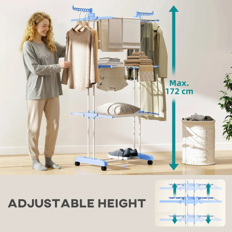 HOMCOM Foldable Clothes Drying Rack, 4-Tier Steel Laundry Rack for Drying Clothes with 2 Side Wings and 4 Castors, Indoor and Outdoor Use, Blue