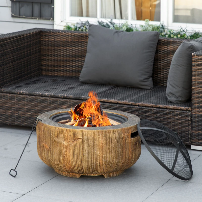 Outsunny Outdoor Fire Pit, 24 Inch Metal Wood Burning Fireplace with Spark Cover, Poker, Woodgrain Design, Light Brown