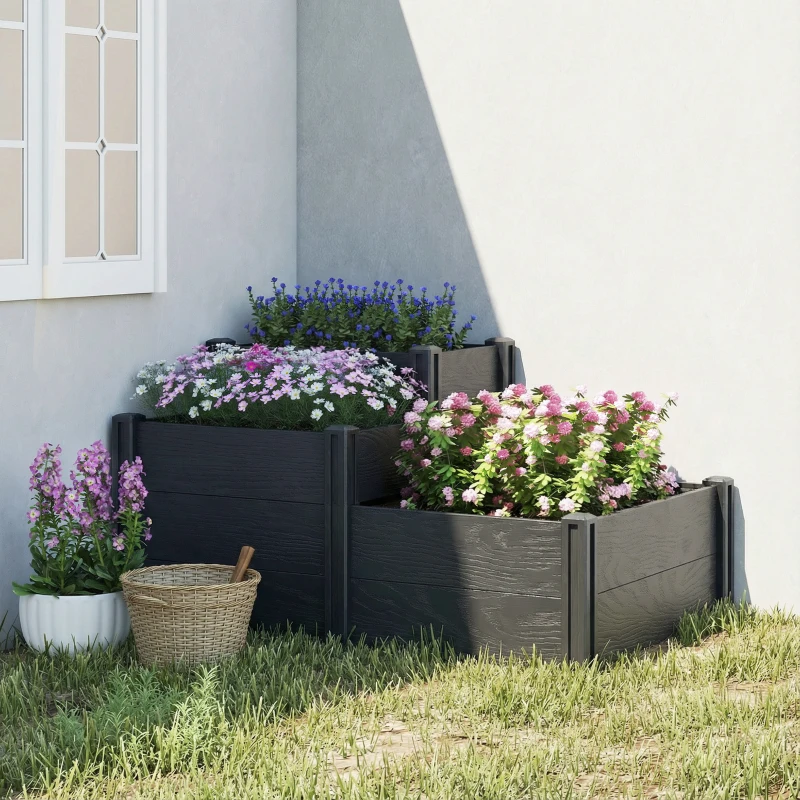 Outsunny Vinyl Raised Garden Bed Kit, 3-Tier Elevated Garden Box with Open Bottom, DIY Assembly, Grey Wood Effect