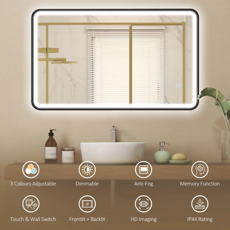 HOMCOM 40" x 24" Bath Mirror with LED Lights, Wall Mounted Restroom Mirror, 3 Colours, Dimmable, Horizontal/Vertical, Black