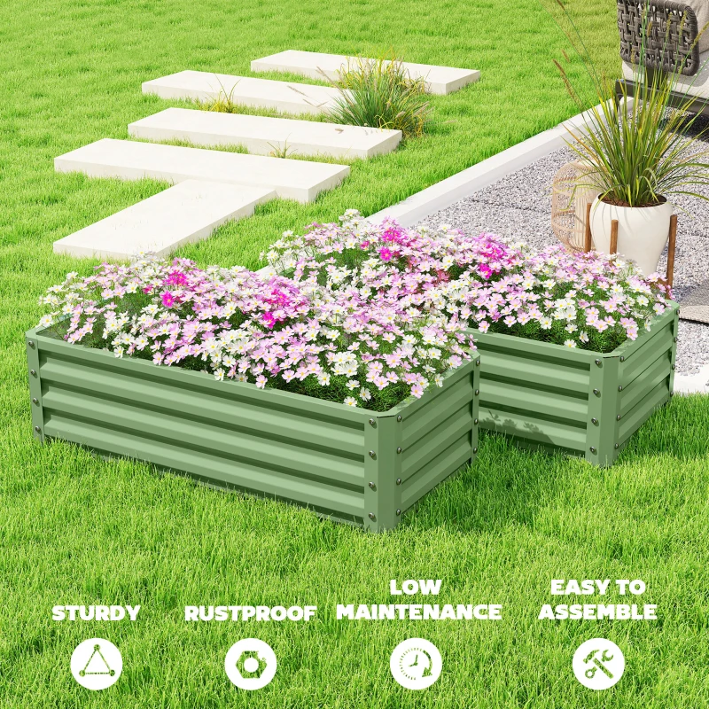Outsunny Galvanized Raised Garden Beds, Outdoor Planter Box, Set of 2, for Flowers, Herbs and Vegetables, Light Green