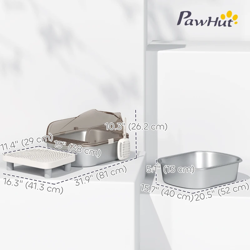 PawHut Stainless Steel Cat Litter Box with High Sided Enclosure, Step, Scoop, Non-Sticky & Anti-Urine Leakage, Easy Cleaning