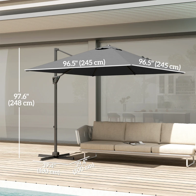 Outsunny 8'x8' Square Patio Hanging Offset Umbrella, Outdoor Cantilever Parasol w/ Cross Base, Dark Grey