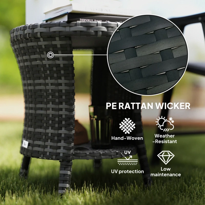 Outsunny 18" Wicker Outdoor Coffee Table, PE Rattan Patio Side Table with 2-Tier Storage, Composite Wood Top, Grey
