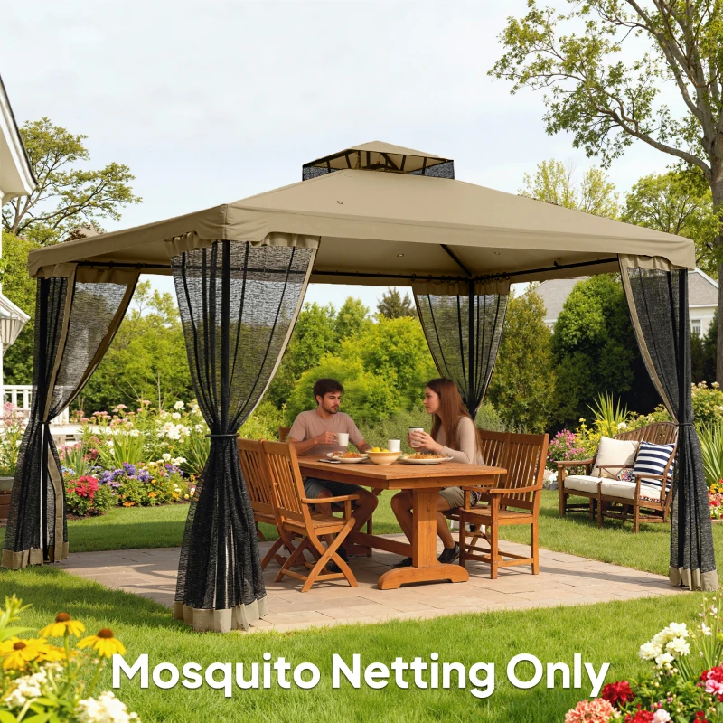 Outsunny Replacement Mosquito Netting for Gazebo 12' x 12' Black Screen Walls for Canopy with Zippers, Khaki