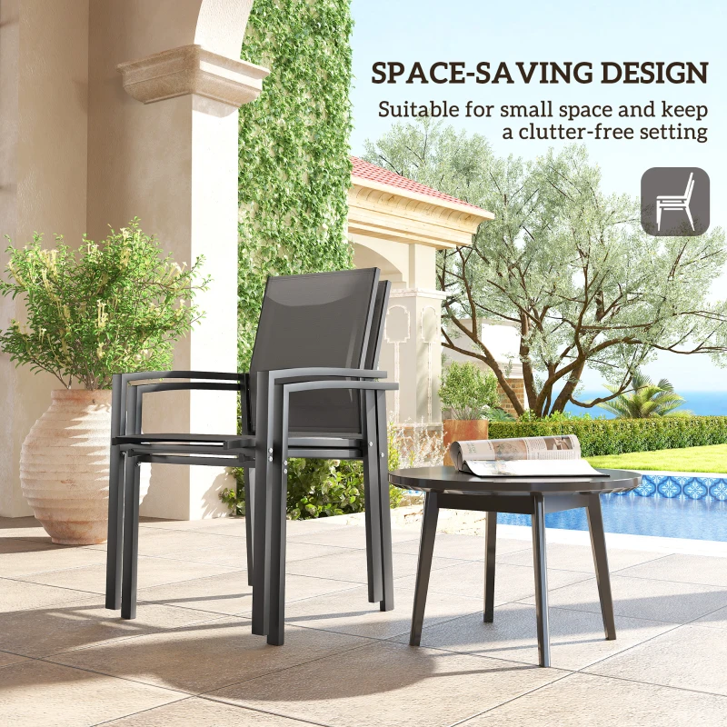 Outsunny Set of 2 Outdoor Garden Chairs, Stackable Patio Dining Chairs with Breathable Fabric, Armrests and Backrest, Dark Grey