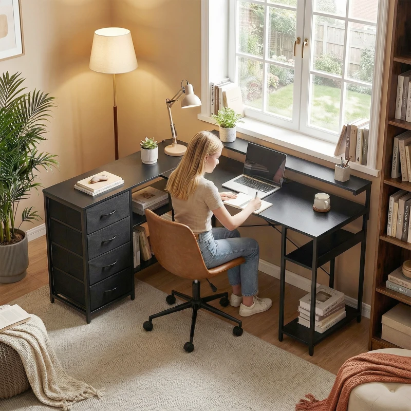 HOMCOM Gaming Desk with Power Outlets LED Lights Computer Desk with Drawers Monitor Stand 61" Black