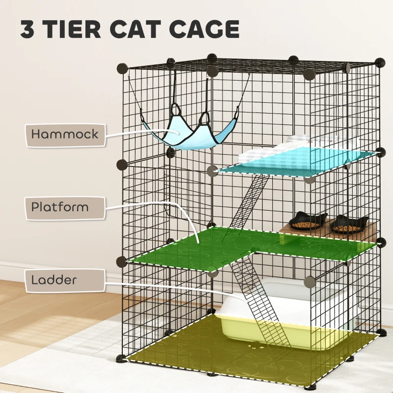 PawHut 3 Tier Cat Cage Crate, DIY Pet Playpen with 3 Doors, Ladders, Hammock, Platforms, Indoor Playpen for Kittens, Black