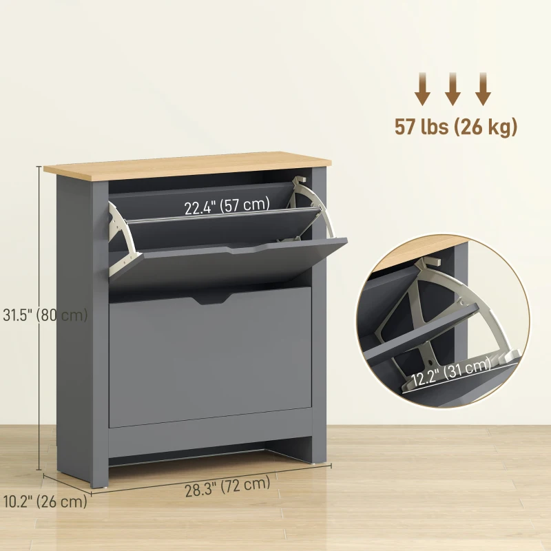 HOMCOM Shoe Storage Cabinet with 2 Flip Drawers and Adjustable Shelves for 12 Pairs of Shoes, Dark Grey