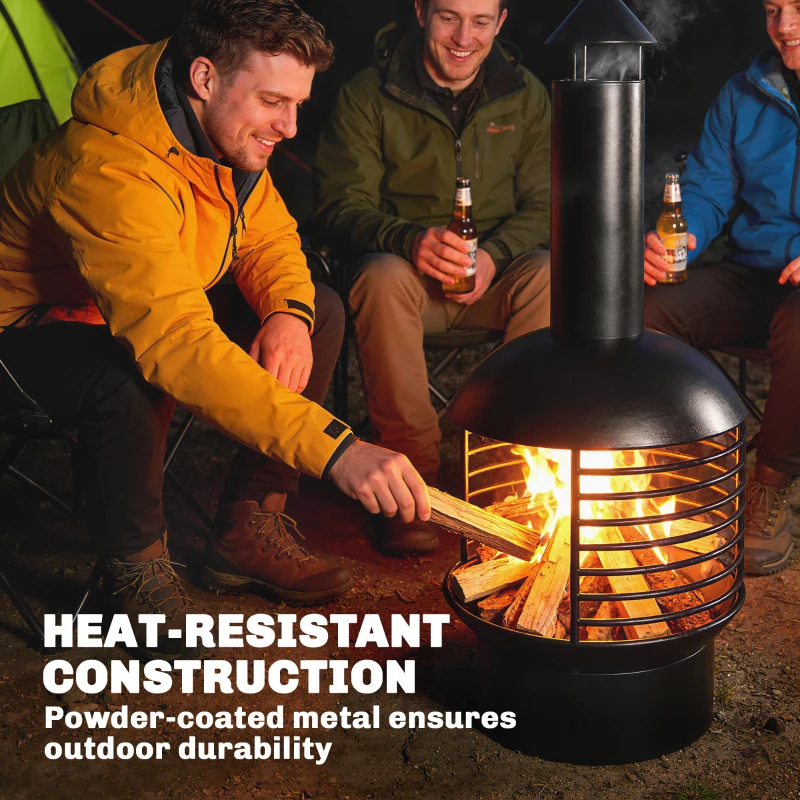 Outsunny Outdoor Fire Pit, Portable Wood Burning Firepit with Poker, Charcoal Grid, Modern Chimney Design Fireplace, Black