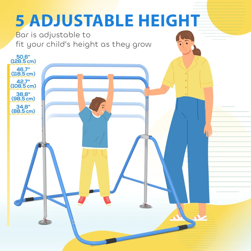 Qaba Foldable Gymnastics Bar for Kids, Expandable Gymnastics Equipment with Adjustable Height for Boys Girls, Blue