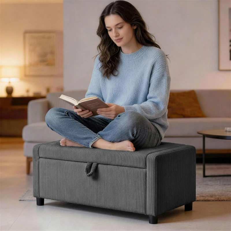 HOMCOM Storage Ottoman, Upholstered Corduroy End of Bed Bench with Thick Padding, Storage Bench for Bedroom, Dark Grey