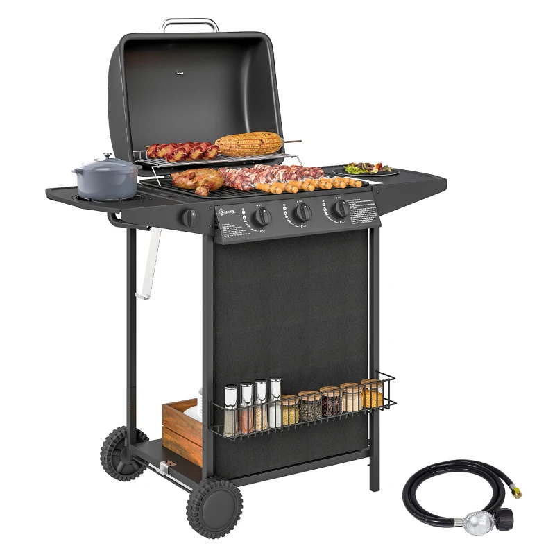 Outsunny 3+1 Burner Propane Gas BBQ Grill, Portable Gas Barbecue Grill with Side Burner, Thermometer, Lid, Side Table, Shelf, Spice Rack, Wheels, Grease Cup for Garden, Black