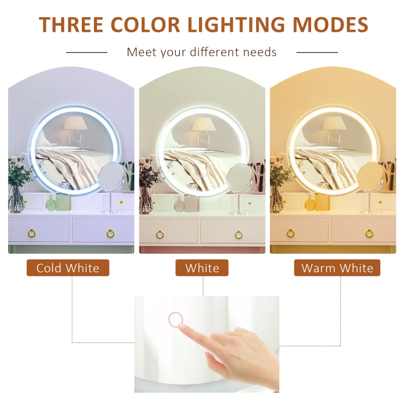 HOMCOM Makeup Vanity Table Set with Round Mirror, Built-in 3 Color LED Light, Dressing Desk with 4 Drawers and Cushioned Stool for Bedroom, White