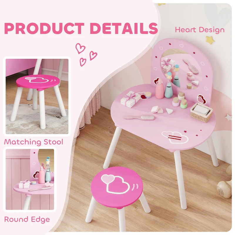 Qaba Kids Dressing Table with Mirror and Stool, Girls Vanity Set for Bedroom, Nursery, for Ages 3-6, Pink