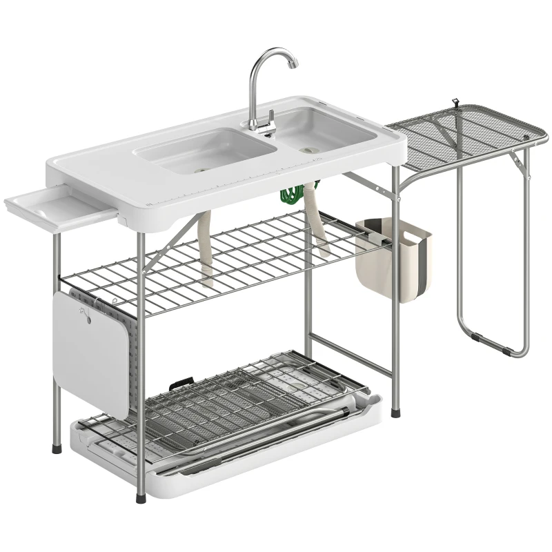 Outsunny Fish Cleaning Table Folding Sink Portable Camping Sink with Side Shelf & Bottom Rack for Outdoor White