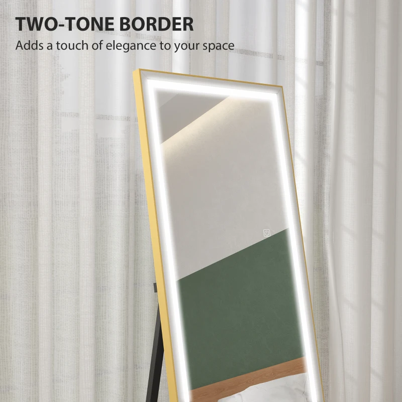 HOMCOM LED Mirror with Dimmable and 3 Colour Lights, 64" x 21" Rectangular Floor Mirror for Bedroom Living Room, Gold