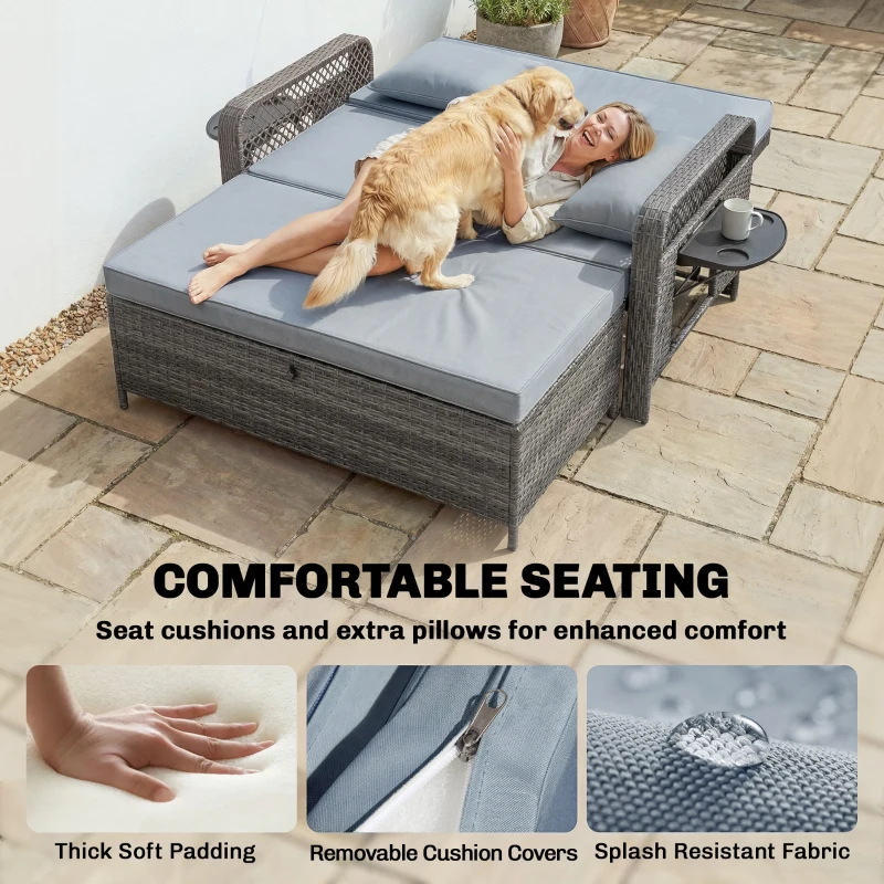 Outsunny 2 Pieces Patio Lounge Chair Set with Cushions, PE Wicker Outdoor Chaise Lounge with Adjustable Backrest, Side Trays