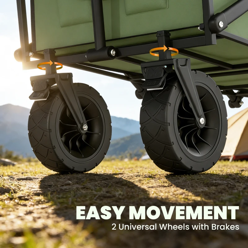 Outsunny 130L Folding Garden Cart with Wheels, Heavy-Duty Collapsible Wagon with Brakes, Green