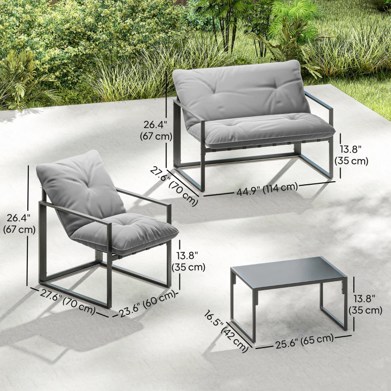 Outsunny 4 Piece Outdoor Furniture Set, Patio Conversation Set with Tempered Glass Table, Loveseat, Chairs, Cushions, Light Grey