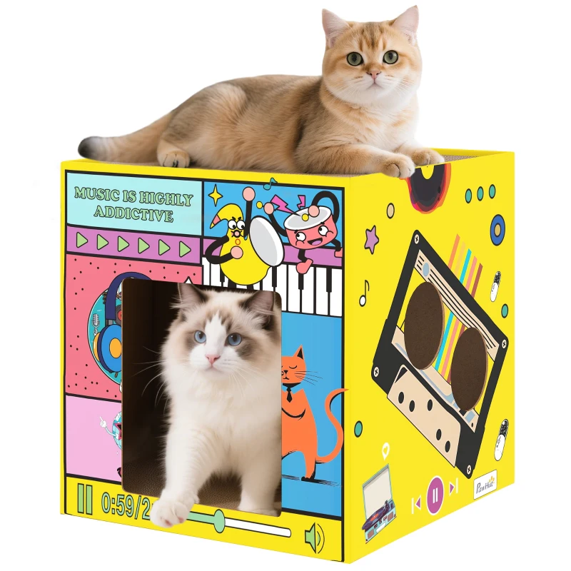 PawHut 2 in 1 Cardboard Cat House, Cat Scratcher for Indoor Cats with Scratching Board & Catnip