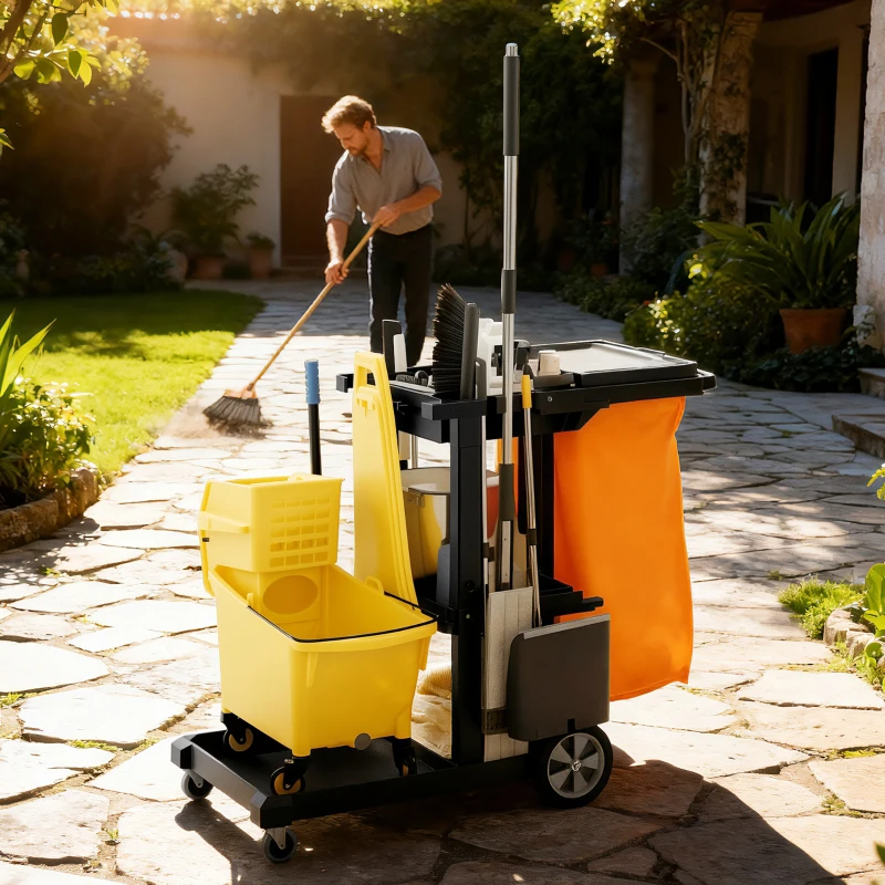 HOMCOM Commercial Janitorial Cart with 3 Tier Shelves, Cleaning Cart with Rubbish Bag and Mop Mount for Hotel Restaurant, Black